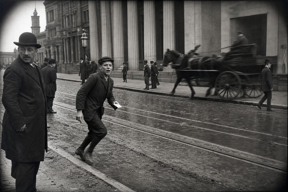 Circa 1900 silver gelatin print of Broad Street outside the USFE façade in Philadelphia; 5x7 view camera on tripod, slightly low angle from curb; overcast sky with diffuse light, wet cobblestones and streetcar tracks; a young exchange runner mid-stride stepping off the curb, paper ticket pinched in one hand, mouth open as he calls, while an older clerk in a bowler hat turns his head; motion blur on moving figures, stone columns of the exchange sharp; dry plate negative contact print with gentle edge vignetting, rich blacks and neutral mid-tones; incidental details include a horse-drawn wagon passing and pedestrians at frame edge; no legible storefront signage.