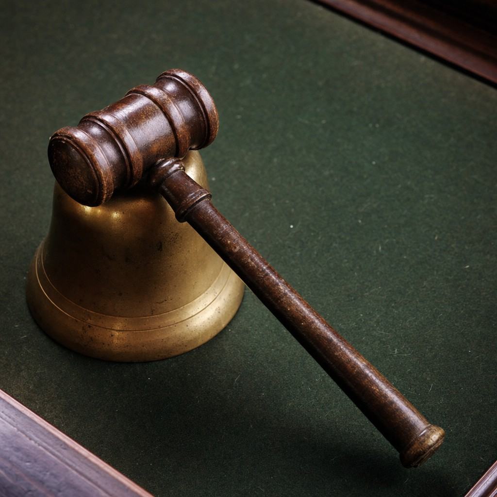 Studio tabletop color photograph of a 19th-century auctioneer’s brass handbell and a worn wooden gavel from the USFE, arranged on a green baize surface; Ektachrome 100 color transparency, slight cool cast; 50mm lens, close focus, shallow depth of field; visible patina and tarnish on the bell, nicks and hand-polish wear on the gavel handle, faint dust and fibers on the baize; soft falloff into shadowed corners, edges of the tabletop subtly visible; no text or inscriptions shown; asymmetrical placement with the gavel resting askew across the bell’s base as the dominant subject.