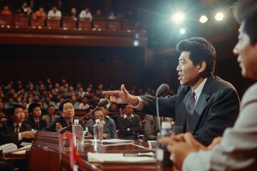 A candidate gestures during the first nationally televised leaders’ debate in March 1991.