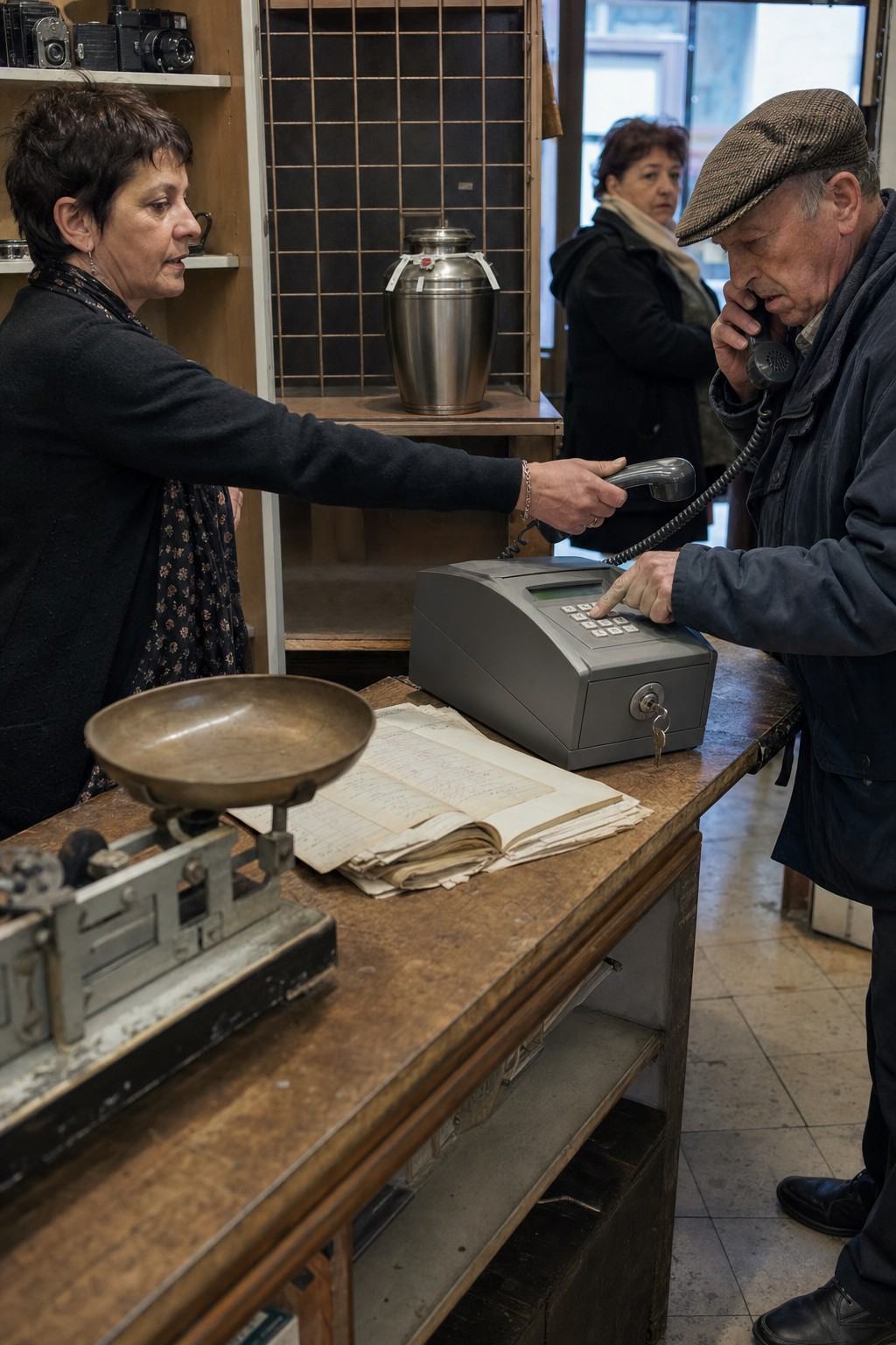 Au Crédit au Coin, rue de la Gare: terminal téléphonique sécurisé au comptoir, balance en fonte et urne scellée derrière la grille.