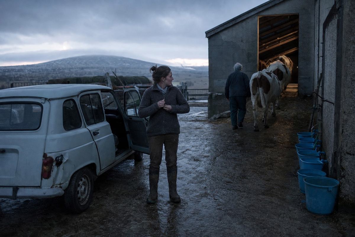 Ferme des Chazelles, plateau du Mézenc: 4L cabossée, seaux bleus alignés, vaches rentrant à l’étable au crépuscule.