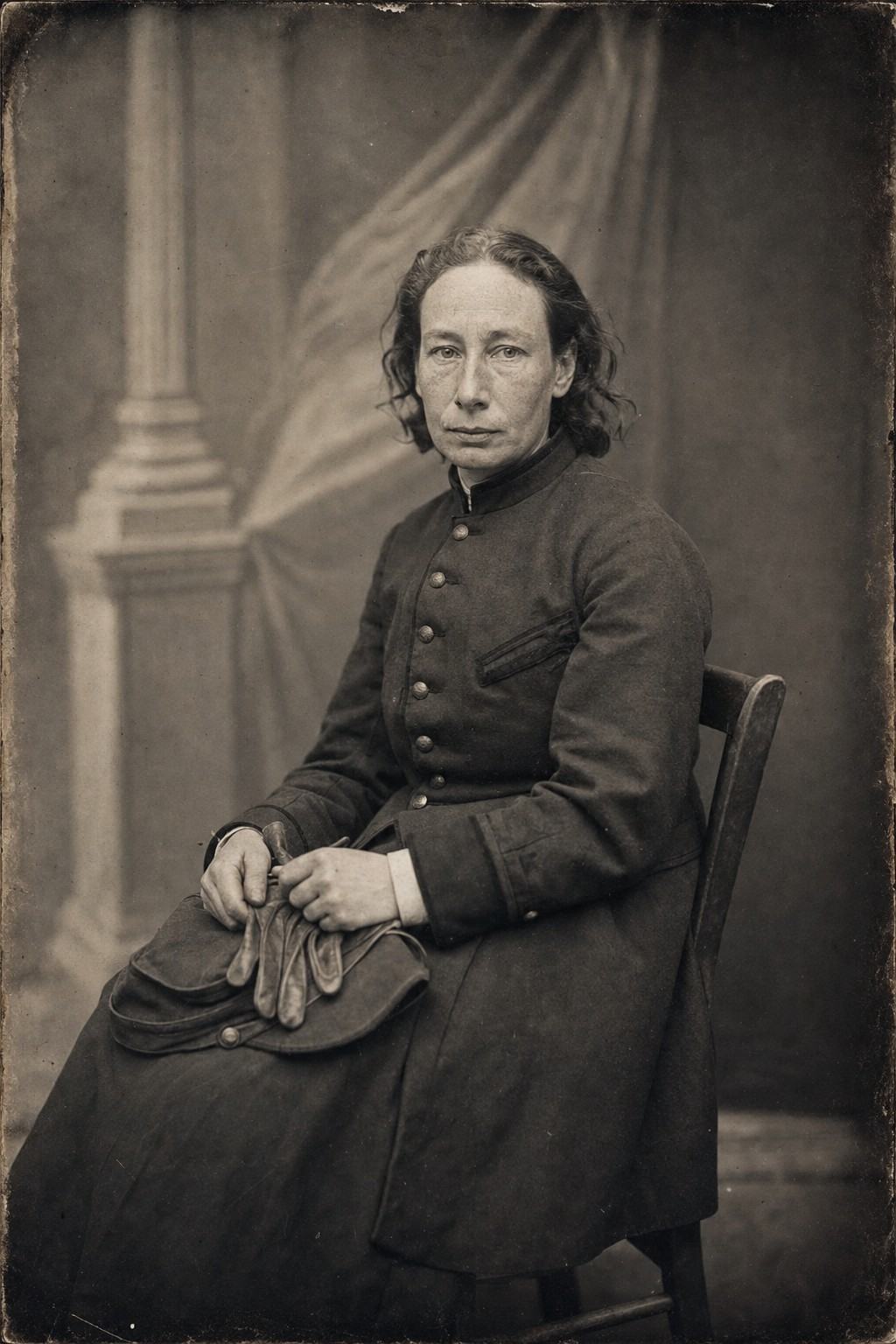 Studio portrait photograph, albumen print from collodion glass negative, late 1870s, three-quarter length. Louise Michel seated slightly off-center in a National Guard jacket with a soft kepi resting on her lap; hands clasping worn leather gloves; direct expression with natural skin texture and stray hair wisps. Painted backdrop of drapery and column fading to shadow; plain wooden chair angled toward frame edge. Petzval portrait lens with subtle swirl at the borders, shallow depth of field, slight motion blur in fingertips, matte albumen surface with faint silvering in deep tones, soft vignetting, minor retouch marks. No studio imprint or lettering visible.
