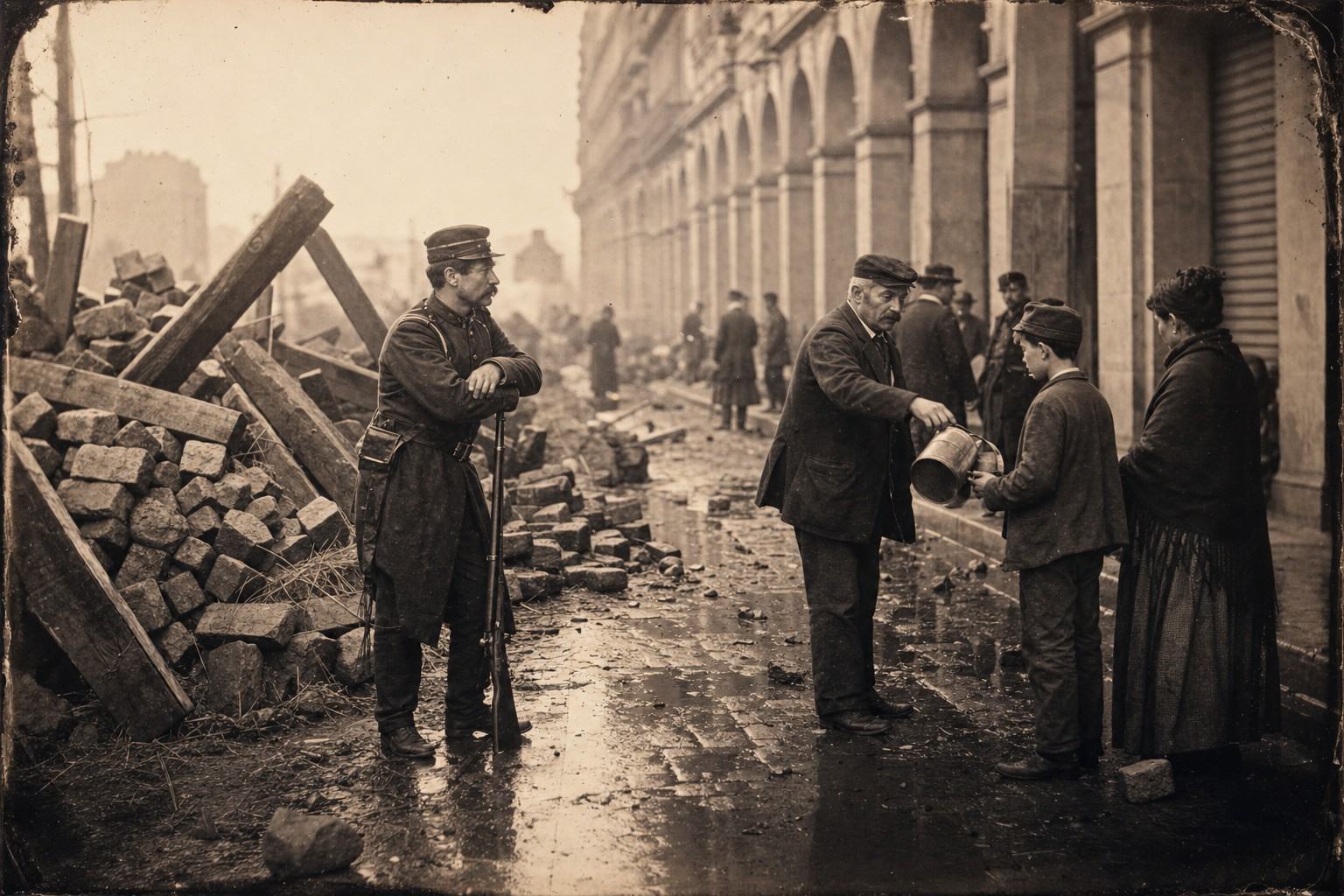Archival photograph, albumen print from wet-plate collodion negative, late May 1871, rue de Rivoli, Paris. Asymmetric composition: a diagonal barricade of cobblestones and timbers occupies the left foreground while the arcades recede along the right; one National Guardsman in a kepi leans his forearms on a rifle at rest, another older man with a moustache passes a dented canteen to a boy holding a metal pail; a woman in a dark shawl stands near the curb. Background: shuttered shopfronts under the arcades, scattered straw and broken paving, puddles on wet cobblestones, faint smoke haze down the street. Half-plate field camera with approx. 180mm Petzval lens; shallow depth of field, edge vignetting, slight motion blur in hands, uneven collodion development streaks at the top edge; warm sepia tonality typical of albumen. No visible text or legible signage.