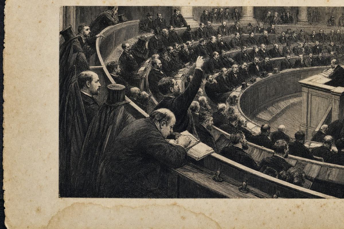 Archival reproduction of a 19th-century wood engraving on laid paper depicting the inaugural session of the 1872 Congrès des communes in Bordeaux. Vantage from the side gallery looking down into a crowded hemicycle; one delegate at a curved bench raises a hand while another, heavier-set, bends over a notebook; hats and coats hang from pegs in the aisle. Dense cross-hatching with visible end-grain texture in the darkest passages; slight ink spread at former letterpress margins (cropped so no text shows); small foxing spots and a faint water stain near the lower edge. Photographed on a copy stand, even top light revealing paper fibers and deckled edges; asymmetric framing with the speaker’s dais cut off at right.