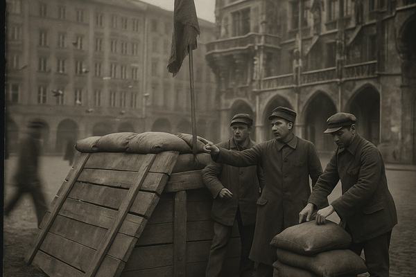 Archival black-and-white silver gelatin photograph, spring 1919, Marienplatz in Munich under overcast sky; foreground shows a rough wooden and sandbag barricade at an angle with muddy cobblestones and scattered straw; three workers’ militia members in worn coats and mismatched caps stand alert near the Rathaus steps, one gesturing with his left hand while another adjusts a sandbag; faces distinct, varied ages and builds, natural skin texture; background includes the Gothic facade and arcades of Munich City Hall with pigeons lifting from the square; no banners with lettering, only plain red cloth flags with frayed edges; captured on 9x12 cm dry plate camera with uncoated 135mm Tessar lens, uneven exposure at frame edges, natural film grain, slight motion blur in a passerby crossing the far left; no signage or text visible anywhere in frame.