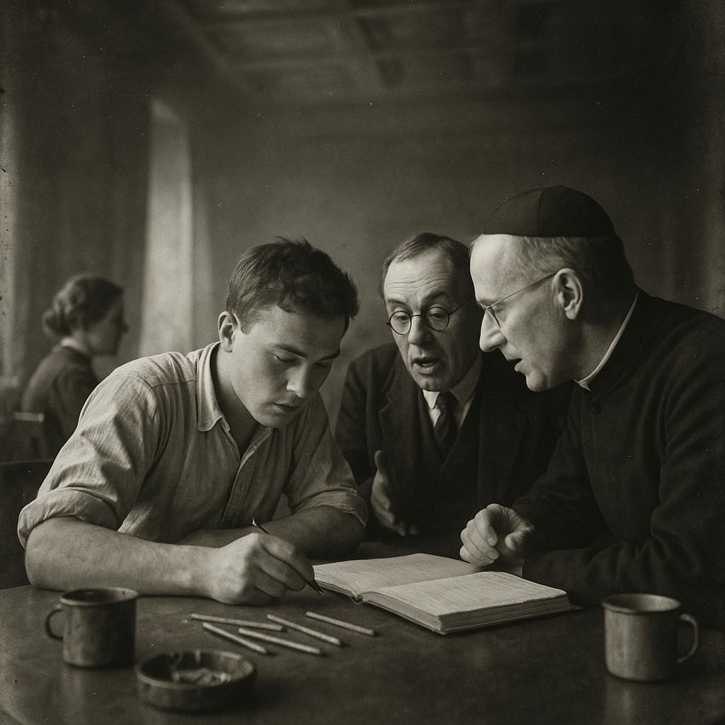 Archival indoor black-and-white silver gelatin photograph, 1919–1920, smoky council hall with coffered wooden ceiling and heavy curtains; asymmetric composition from the side of a long table: three distinct figures huddle over scattered pencils and a closed ledger—an earnest young worker with rolled sleeves, a bespectacled writer mid-sentence, and a Catholic priest in cassock leaning in to speak; a woman typist at rear turns slightly, her profile soft; ashtray and enamel mugs visible; magnesium flash powder used, harsh shadows, falloff into haze; taken with a 6x9 folding camera, 75mm uncoated lens, slight motion blur on hands; grainy fiber paper print, edge vignetting; any papers angled away to avoid legible text; no signage or lettering in frame.