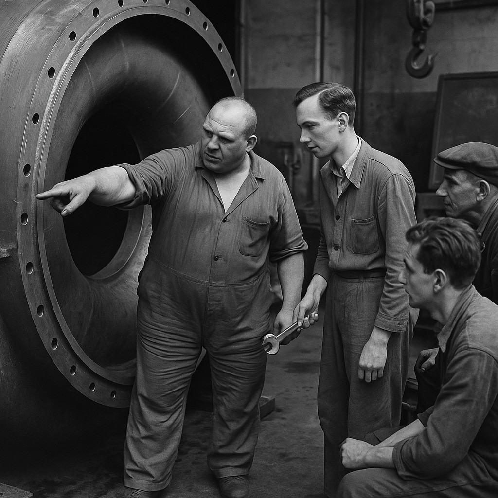 Black-and-white press photograph from the mid-1930s inside a cooperative workshop assembling a Salzach S-31 hydroelectric turbine; oblique view across an oil-stained concrete floor toward a massive turbine scroll case; dominant action: a stocky foreman with rolled-up overalls points at a chalk mark on the metal casing while a thin younger engineer holds a spanner, two other workers observe from differing heights on a low platform; faces distinct, varied ages; background shows pulley hoist and a turned-away chalkboard with no legible writing; shot on 35mm Leica II with Agfa Isopan film, moderate grain, high contrast, slight motion blur on the pointing hand; no signage or text visible.