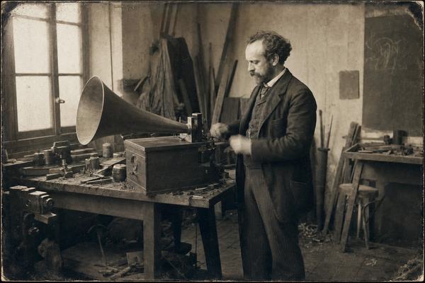 Archival photograph from late 1870s Paris: Charles Cros stands three-quarters turned beside an early experimental paleophone in a cluttered workshop; wet-plate collodion negative printed on albumen paper; soft window light from the left, Petzval lens ~150mm; slight motion blur in the inventor’s hands, uneven exposure falloff and edge frilling, mild silvering near borders from aging; scuffed plank floor, dusty windowpanes, wood shavings, hand tools and a large horn on a bench; chalk marks on the wall not legible; off-center composition with Cros anchored to the right, apparatus dominating the left; documentary feel appropriate to the period; later reproduced cleanly as a 1970s newspaper hero image; no text, no labels, realistic period detail.