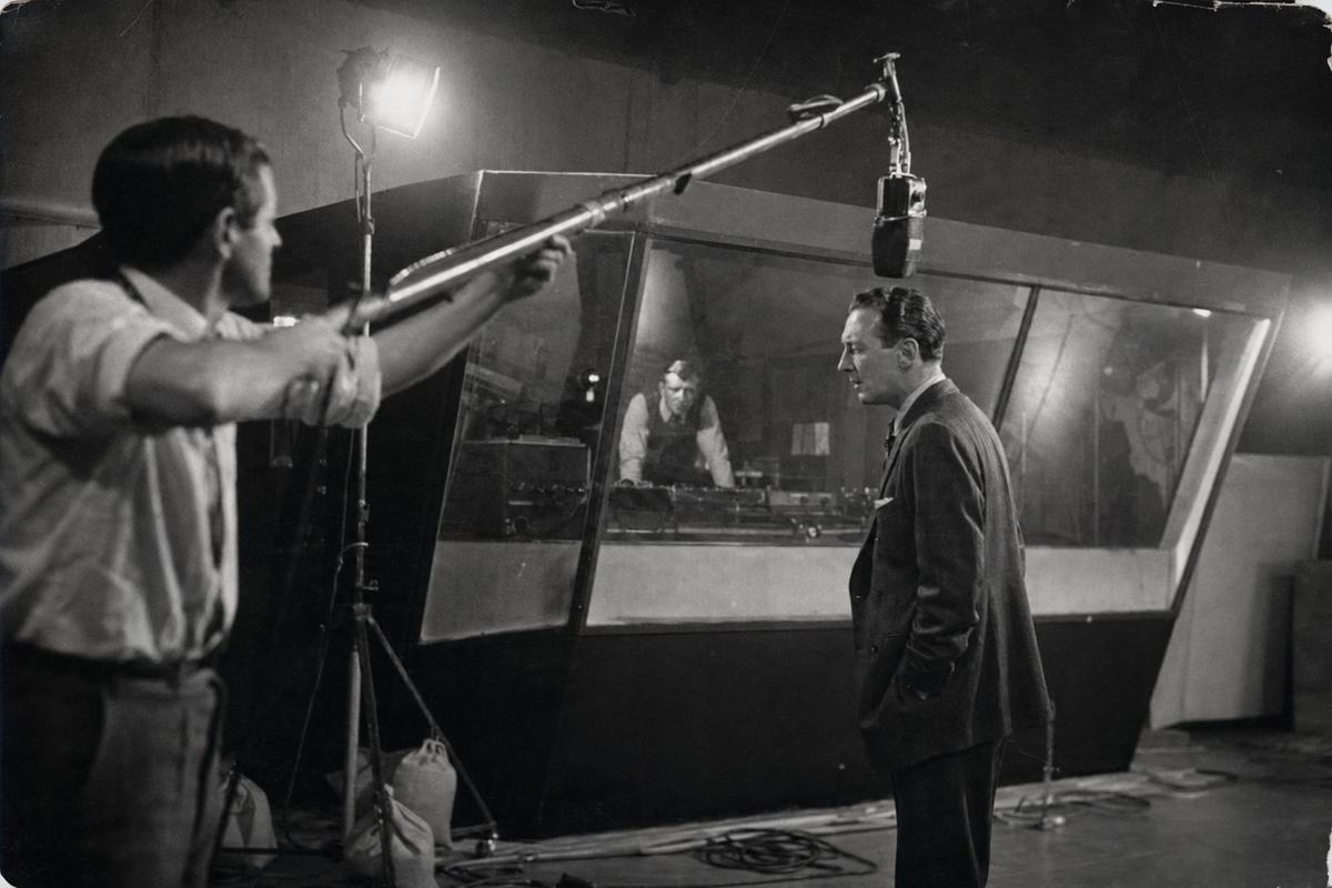 Gaumont-Parlant soundstage, early 1930s: silver gelatin press photograph from a nitrate negative; a boom operator reaches in from frame left toward an actor while, behind a tilted pane of glass, a sound engineer monitors levels; suspended microphones, coiled cables on the floor, sandbags anchoring a light stand; tungsten lamps create hard shadows and a slight hotspot; 50mm lens, handheld, with a touch of motion blur; off-center composition with the glass booth receding; edges show newsroom filing wear; no visible text or clapper markings.