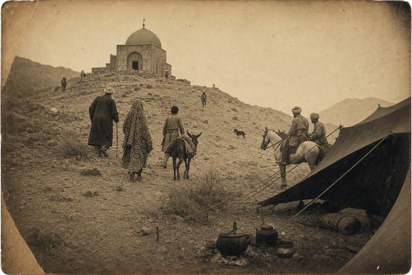 19th-century albumen print photograph, c. 1860s, taken with a wooden field camera using a brass Petzval lens (~200mm) on a wet plate collodion negative and contact-printed on albumen paper; soft sepia tonality, slight vignetting, edge frilling, emulsion streaks, and dust specks. Asymmetric composition from a low hillside vantage: a small group of distinct pilgrims—a bearded elder with a walking staff, a young woman in a patterned chador, and a boy guiding a small donkey—ascending a rocky slope toward a modest domed sanctuary near Nayriz; foreground tents with taut guy ropes, a blackened kettle over embers, and two horsemen holding their reins; scattered scrub, loose stones, a stray dog midground; distant ridgeline hazed; mild motion blur on figures; no modern elements, no signage or lettering.