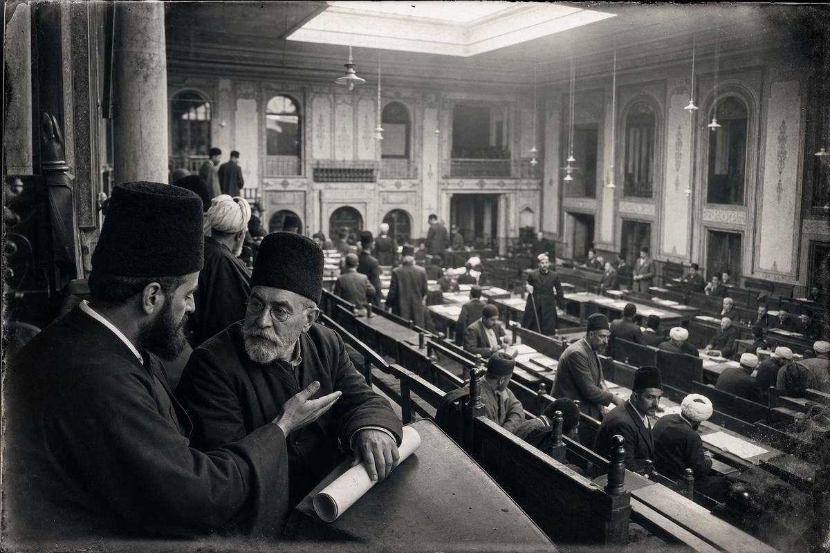 Early 20th-century silver gelatin print, c. 1909, dry plate negative on glass from a large-format camera (approx. 8x10). Oblique balcony vantage inside the Majles hall in Tehran; medium contrast with a broad tonal range, fine grain, slight halation around the central skylight, and subtle corner falloff; faint edge silvering. Foreground left: two distinct delegates on a side bench—one Bábí notable with trimmed beard and dark robe leaning in to speak, palm open; beside him, an older Armenian deputy with spectacles listens, hand on a rolled document. Midground: scattered benches with provincial delegates, a clerk moving between rows; architectural details—columns, patterned plaster, hanging lamps—are visible; candid, uneven spacing; no visible signage or lettering.