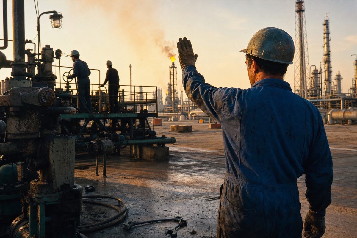 1950s color slide photograph (Kodachrome 25, 35mm) shot with a Leica IIIf and 50mm lens at a cooperative refinery in Fars near sunset; warm orange cast, saturated reds, deep cyan shadows, fine film grain, slight chromatic shift at frame edges. Asymmetric composition: foreground right, a refinery worker in scuffed blue coveralls and a dented hard hat raises a gloved hand to signal a valve crew; midground silhouettes of two colleagues on a catwalk; background flare stacks and lattice towers with small flames and heat shimmer; oil-stained concrete, scattered wrenches and a coiled hose; long shadows; no modern logos, no signage or lettering.