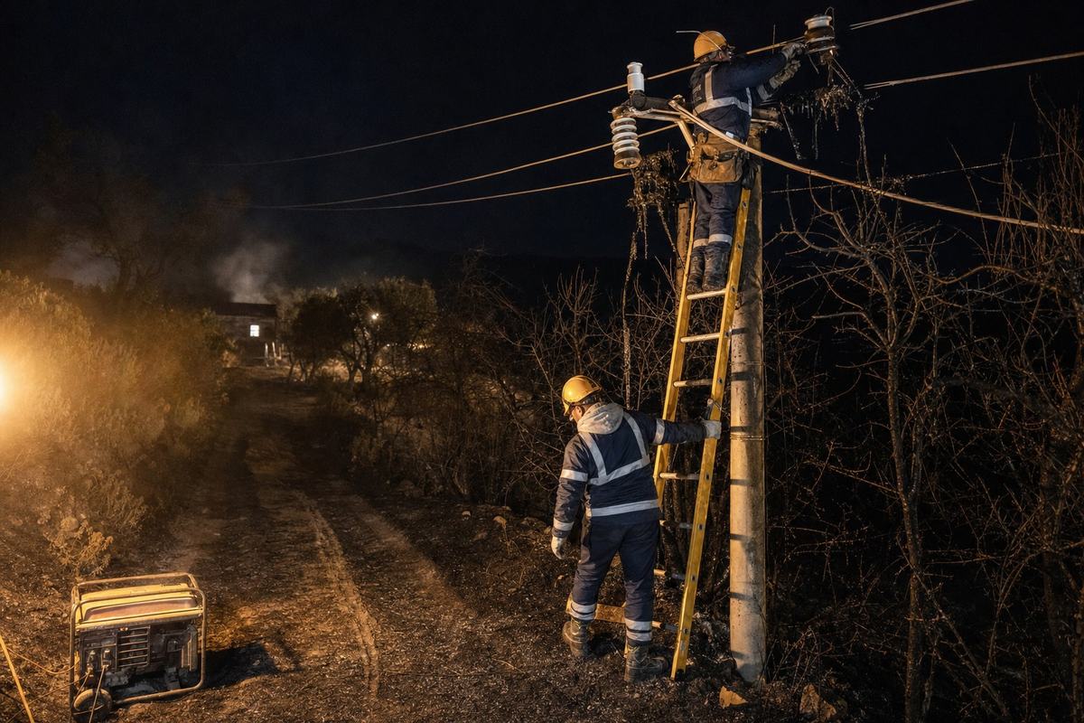 Operai di rete al lavoro di notte su una linea media tensione bruciata alla periferia di Cosenza, tra lampade ambrate e macchia annerita.