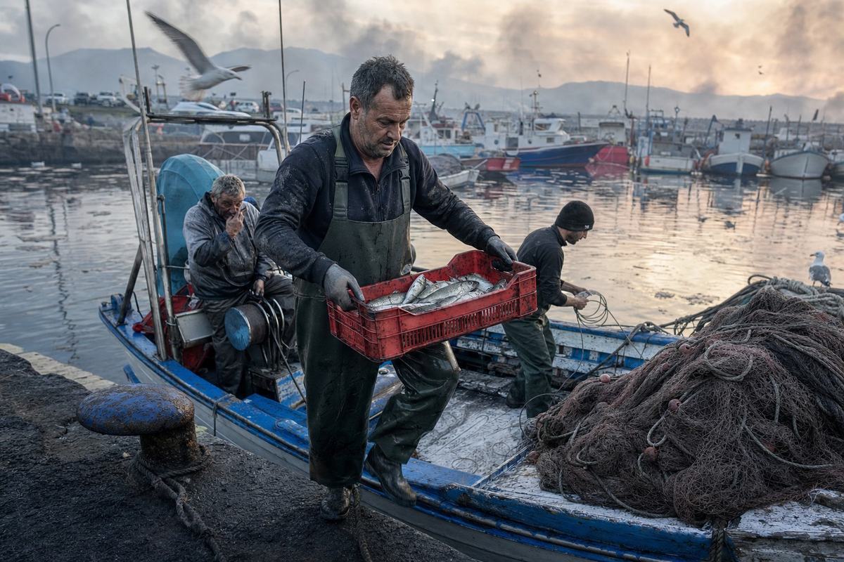 Pescatori rientrano al molo di Arbatax con reti macchiate di cenere e cassette di cefali al primo mattino.