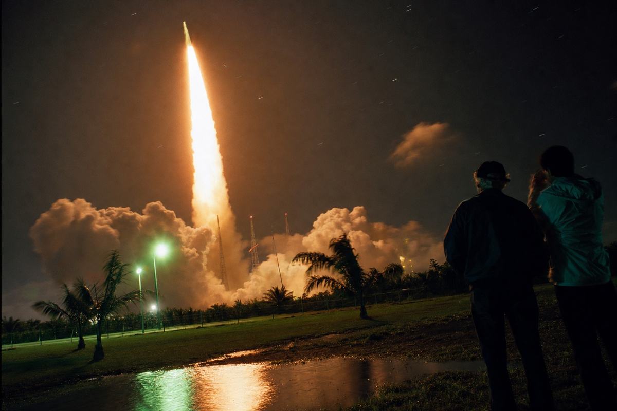 Color photograph on Fujicolor Superia 800, long exposure from a low berm at the Guiana Space Centre in the mid-1990s: an Ariane heavy-lift rocket rises at night, incandescent exhaust plume bending low clouds and backlighting palm fronds and service towers; humid air halation, sodium-vapor lamps add a greenish tint; foreground shows wet grass and a shallow puddle catching orange reflections, with two distinct silhouetted spectators at right—one older with a cap, one younger with a windbreaker—motion blur in their hands; shot on a 50mm lens from a tripod, slight star streaks and gentle film grain; frame tilted a few degrees; no text, signage, or logos visible.