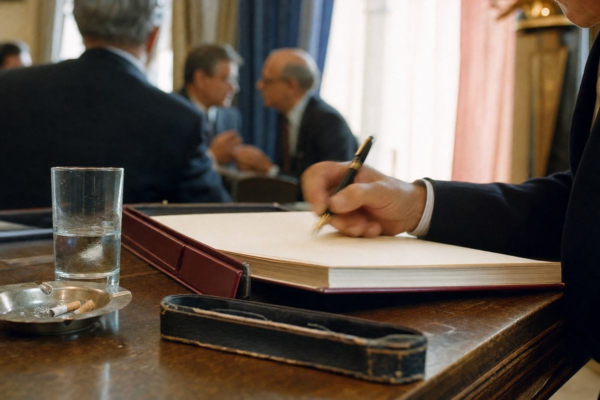 Color photograph on Kodak Ektachrome 64, Paris, Quai d'Orsay, 31 May 1975: close, off-angle view of a delegate’s hand signing a thick treaty folder on a worn wooden desk; a half-empty glass of water, a metal ashtray with two cigarette butts, and a battered fountain pen case share the frame; in soft background bokeh, other delegates confer while a tricolor drape catches window light; mixed tungsten/daylight gives a warm-yellow cast, slight corner vignetting; shot with a 35mm SLR and an 85mm lens wide open, shallow depth of field, minor motion blur in the pen; documents are angled away so no legible text appears; no badges, flags, or logos visible.