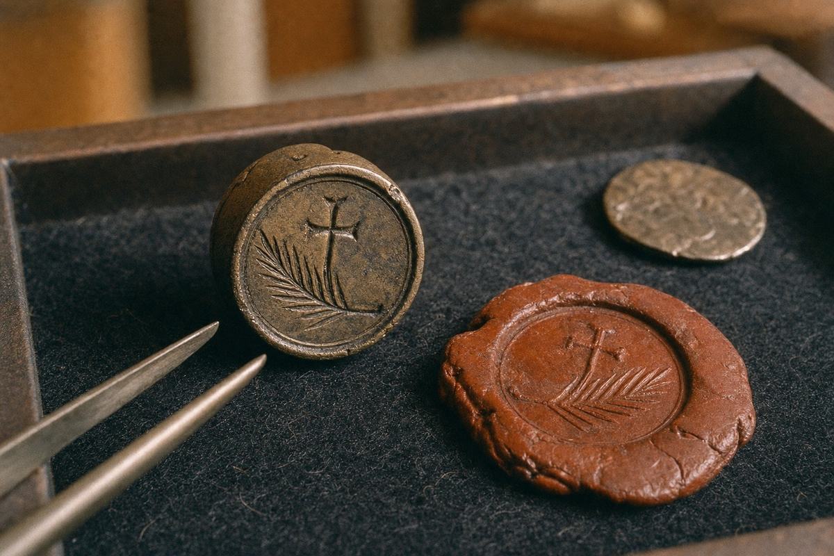 Object study photograph of a medieval chancery seal matrix alongside a struck wax seal and a denier coin from the Compiègne mint, arranged on dark felt in an archival tray; bronze matrix with worn engraving of a palm and cross, visible tarnish, micro-nicks; red-brown wax seal with irregular edge and faint finger impressions; denier coin partially visible at upper right with oblique angle hiding any inscriptions; photographed in 1977 on Kodachrome 64 using a 55mm macro lens; warm color cast, fine grain; off-center composition with a conservator’s tweezers entering from the left; tabletop setup with gentle raking light, shelving blurred in background; no visible text.