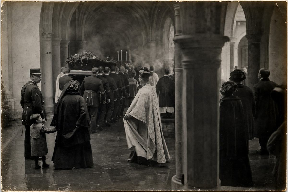 Early 20th-century silver gelatin print of a state funeral procession moving through the cloister of Saint-Corneille circa 1912; photographed with a 9x12 cm glass negative plate camera from a shaded bay of the cloister; rich midtones, deep blacks, slight paper curl, faint silvering at the print edges; asymmetrical composition with a column in the near foreground; pallbearers in dark uniforms turning a corner, a canon lifting the hem of his cope, a gendarme with kepi watching a small boy tug at his mother’s sleeve; candle smoke hanging under the vaults, wet flagstones reflecting boots; soft focus and light falloff at frame edges; no visible text.