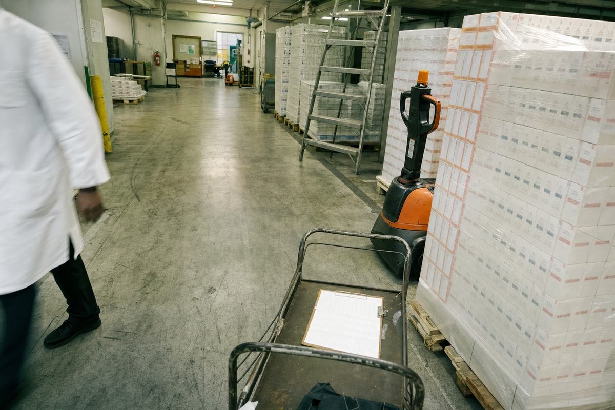 Entrepôt de santé régional: palettes filmées de cartons blancs et chariot avec pince‑notes, éclairage fluorescent, sol marqué par les chariots.
