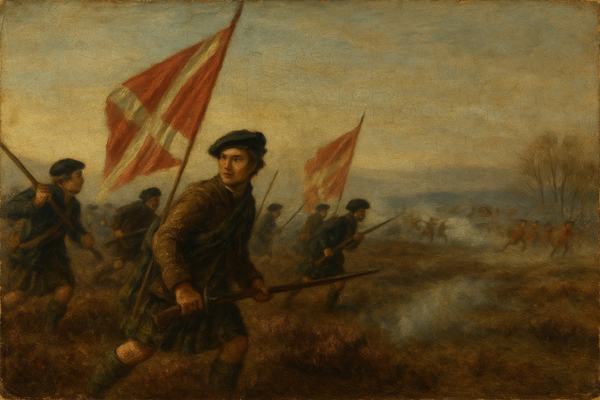 Museum-quality archival reproduction of an 18th-century oil painting on canvas (British school, c. 1755), captured at a slight angle under raking gallery light; oblique vantage from a low rise to the left of the Jacobite line near Nairn at dawn; Jacobite infantry advancing across heather with red-and-white silk standards, powder smoke drifting low; government troops breaking in the mid-distance; cool pale sky with thin cloud; visible brushwork with small impasto on highlights, restrained earth-and-blue palette; aged varnish with ambering and fine craquelure, minor edge wear to canvas; figures varied in face and build, rough tartan details, damp heather with a trace of frost; background hints of low stone dykes and sparse birches; no frame plaques or lettering in view; asymmetric composition with one colour-sergeant glancing back to his men.
