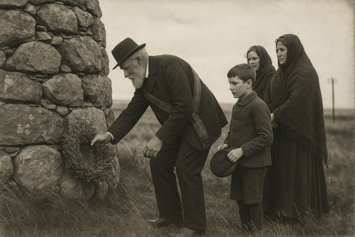 Archival silver gelatin print, c. 1894, dry plate negative contact-printed on matte fibre paper; off-centre view of wreath-laying at the Drumossie Moor cairn on a blustery day; a bearded veteran in a dark frock coat bends to set a heather wreath, tartan sash slanting across his shoulder; beside him a boy grips a bonnet while watching; two women in shawls stand slightly back; windswept grass with scattered heather stems in foreground; distant line of telegraph poles along the horizon; sky lightly overexposed; medium telephoto (~135mm brass lens), soft corner focus and moderate grain, slight edge frilling and silvery sheen in the deepest blacks; candid and unposed, faces distinct; no signage or lettering in frame.