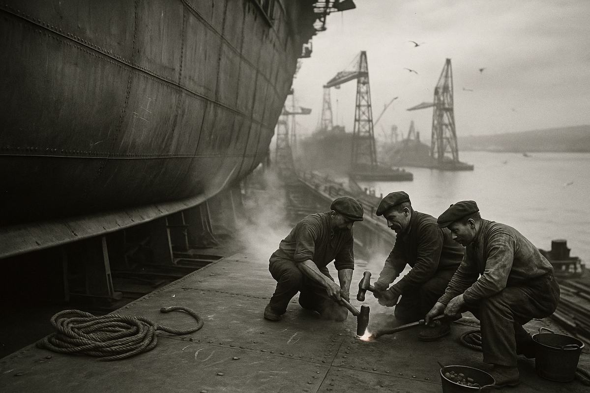 Archival silver gelatin print, c. 1905, Royal Dockyard, Greenock; asymmetric view from a gantry above the slipway as a half-built cruiser’s hull looms at left; foreground shows three riveters crouched with tongs and hammers, sleeves rolled, faces marked with grime, steam drifting across; coils of rope and rivet buckets at their knees, chalk scuffs on steel plates; distant cranes and the Clyde beyond with gulls circling; made from a dry plate negative enlarged on glossy fibre paper; medium format camera with ~180mm lens; rich mid-tones, visible grain clumping in the sky, slight motion blur at the workers’ hands, edge abrasion on the print; no hull numbers or signage in frame.