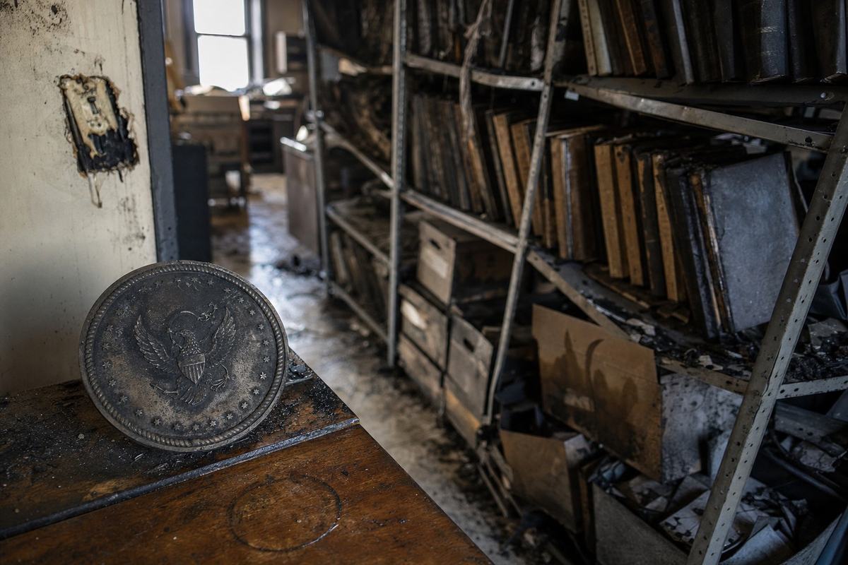 County records room shelves of bound ledgers and a soot-stained metal certification seal on a desk.