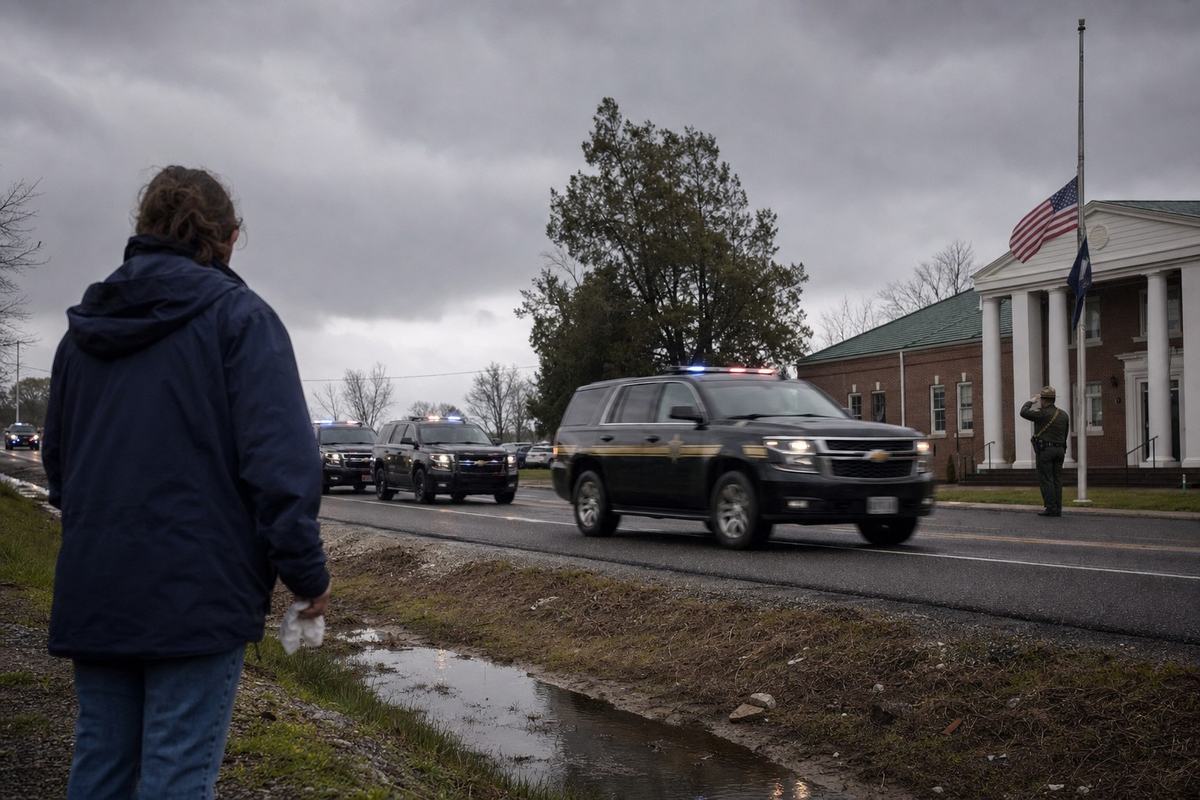 Patrol SUVs pass a small courthouse with flags at half‑mast during a funeral procession under storm clouds.