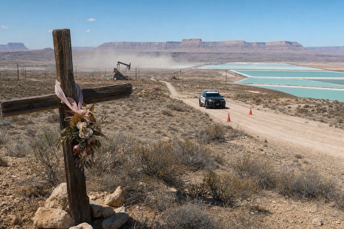 Scrubland with pump jacks and pale blue lithium ponds, a small roadside memorial in the foreground, and a distant sheriff’s checkpoint.