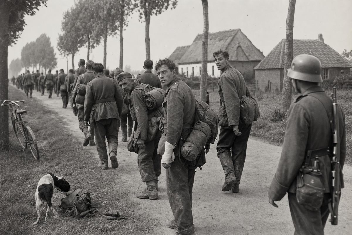 Black-and-white silver gelatin press photograph, early June 1940, a column of British prisoners of war trudging along a narrow Flemish road bordered by poplars; a German infantryman with rifle slung keeps pace at the verge; distinct faces and bodies—a young private with a bandaged hand, an older sergeant stooped under his kit, a tall sapper glancing back; mud-caked boots, loose webbing, a dented canteen swinging; a villager’s bicycle leans against a ditch, a stray dog sniffs a torn pack; distant farmhouses with mixed thatch and tile; made with a Contax II and 50mm Sonnar on Agfa Isopan F; midday haze, moderate grain, slight edge vignetting, shallow depth at f/2.8; candid, asymmetric framing tapering to a vanishing point; no readable lettering anywhere.