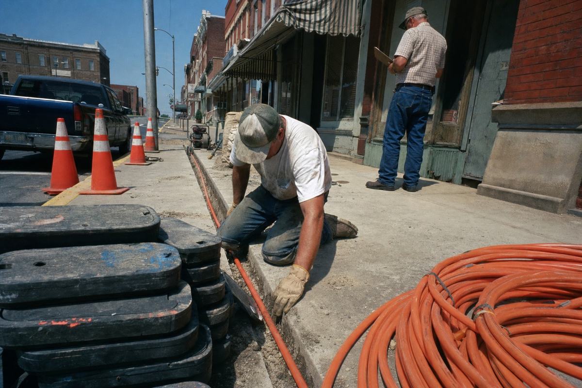 Late-1990s street-level color photograph on Fujicolor Superia 400, 35mm camera with a 28mm wide-angle lens from curb height. Municipal crew opens a narrow trench along a Midwestern Main Street sidewalk; coils of bright orange conduit sit beside a stack of handholes, lids showing paint marks and scuffs with no readable stencils. One worker kneels to guide conduit into the trench; an older foreman stands back with a clipboard angled away so no text is visible. Brick storefronts with faded awnings and a parked pickup frame the background; traffic cones are scuffed and dusty. Asymmetric, candid composition with the kneeling installer as the dominant subject. Material details: midday sun with hard shadows, slight greenish cast common to Superia, visible film grain, minor edge softness and barrel distortion from the wide lens. No readable text or logos anywhere.