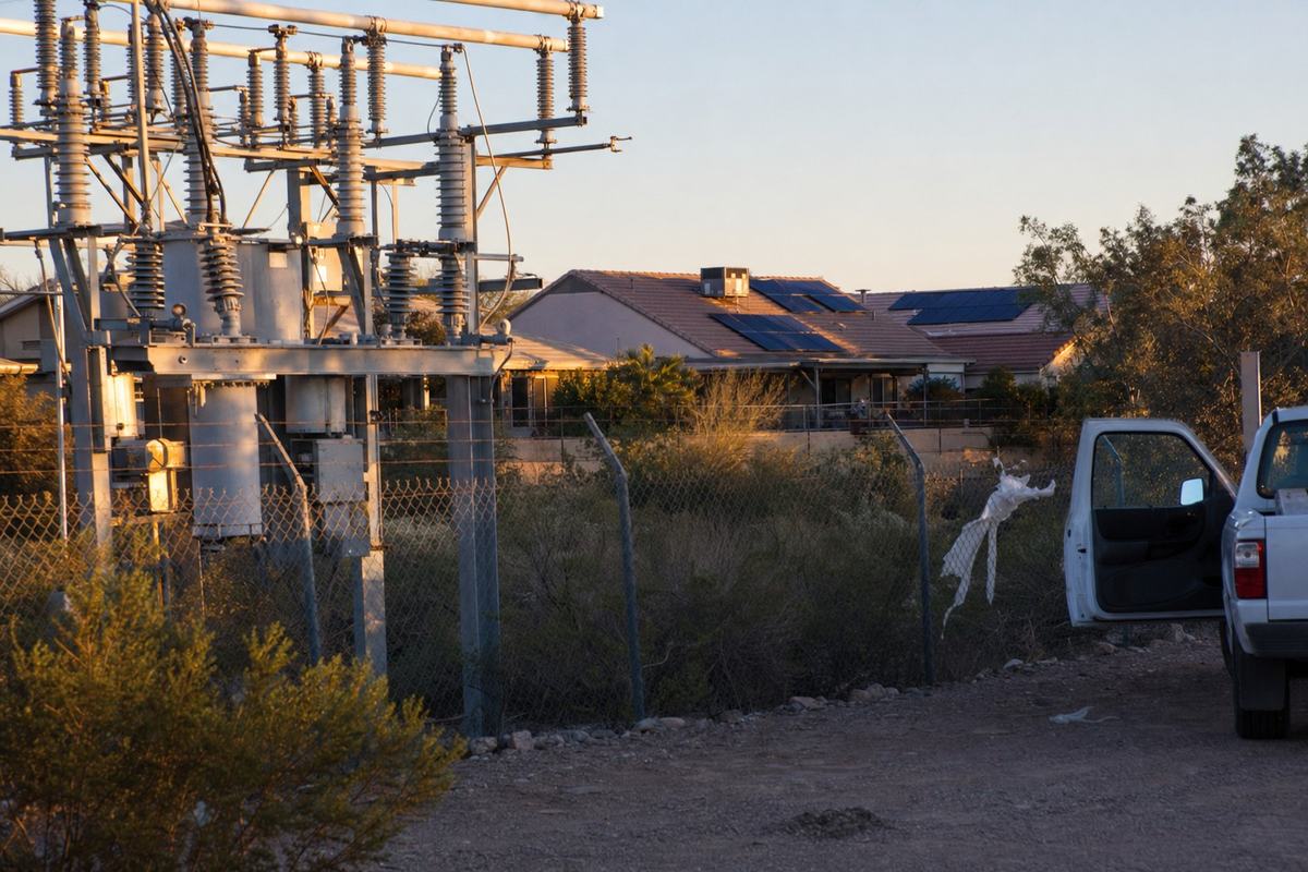 Phoenix-area substation with nearby homes showing rooftop solar panels in 2009.