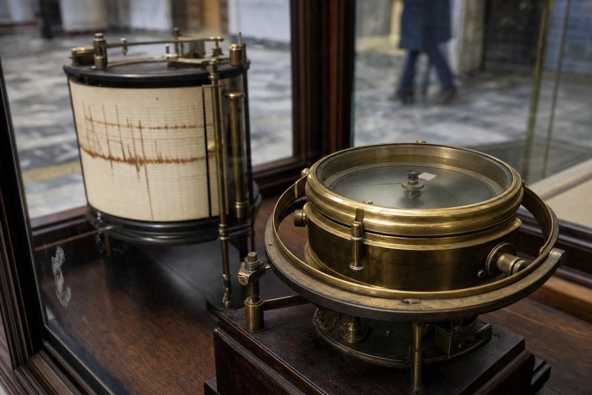 Courthouse display case with the master chronometer and Shenandoah barograph, seen at an angle.