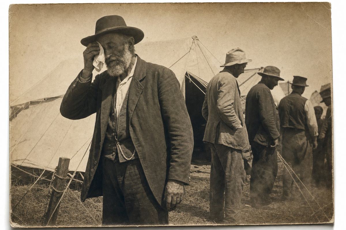 Archival 1901 scene of claimants in line at Guthrie townsite tents, dust in the air.