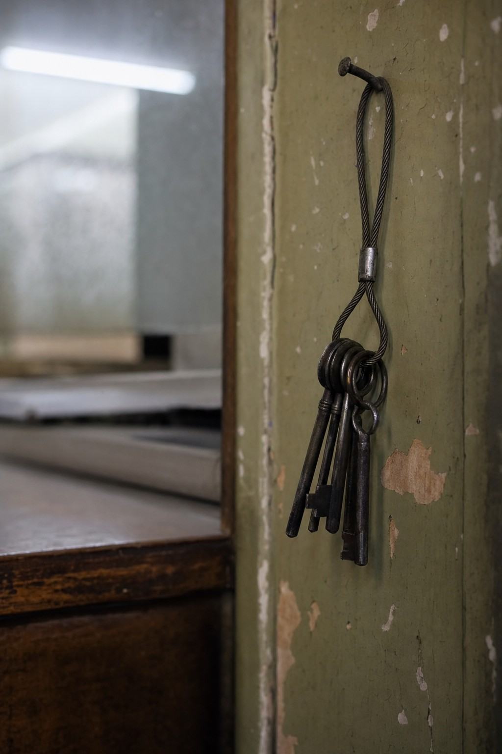 A loop of old steel keys on a metal cord hangs from a nail near the registry desk.