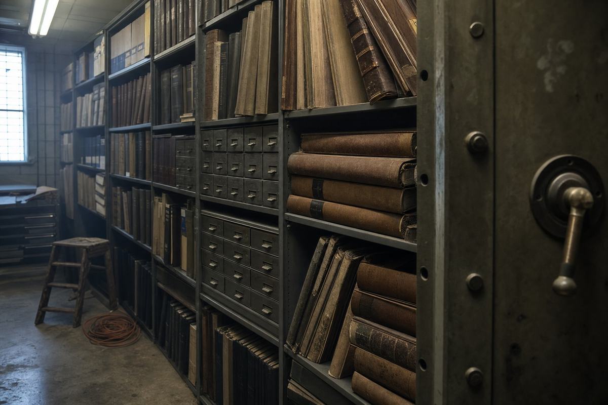 Inside a county registry vault, steel door ajar with shelves of plat books and index drawers in slant light.