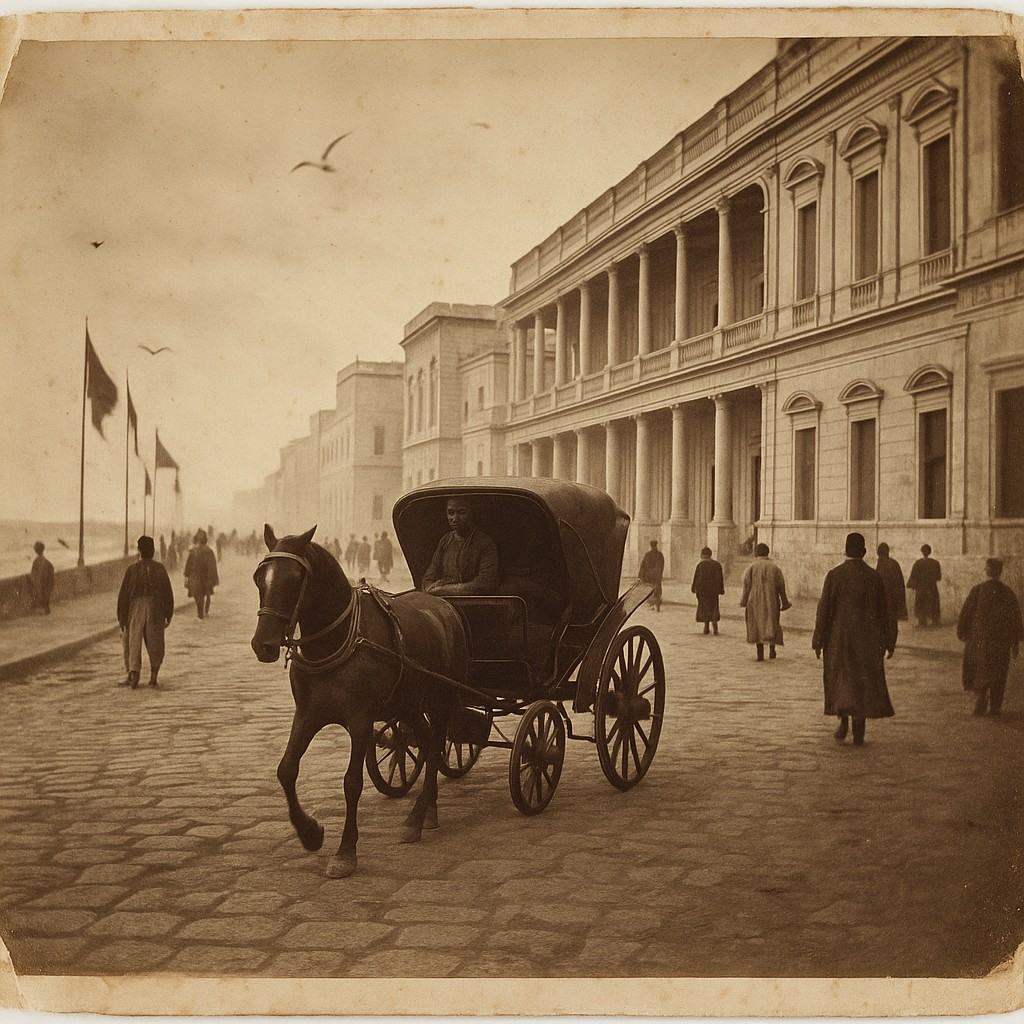 c.1865 albumen print from a large-format view camera (approx. 210mm lens), oblique street-level view along the Alexandrian Corniche showing the royal palace facade with a colonnaded balcony; dominant subject is a horse-drawn carriage crossing the foreground; merchant flags on masts along the seafront, pedestrians in caftans and frock coats, uneven paving stones, sea spray and gulls; warm sepia tonality, glossy albumen surface with slight silvering in the deepest shadows, paper curl at corners, mount shadow visible; soft edge falloff; no signage or lettering in frame.