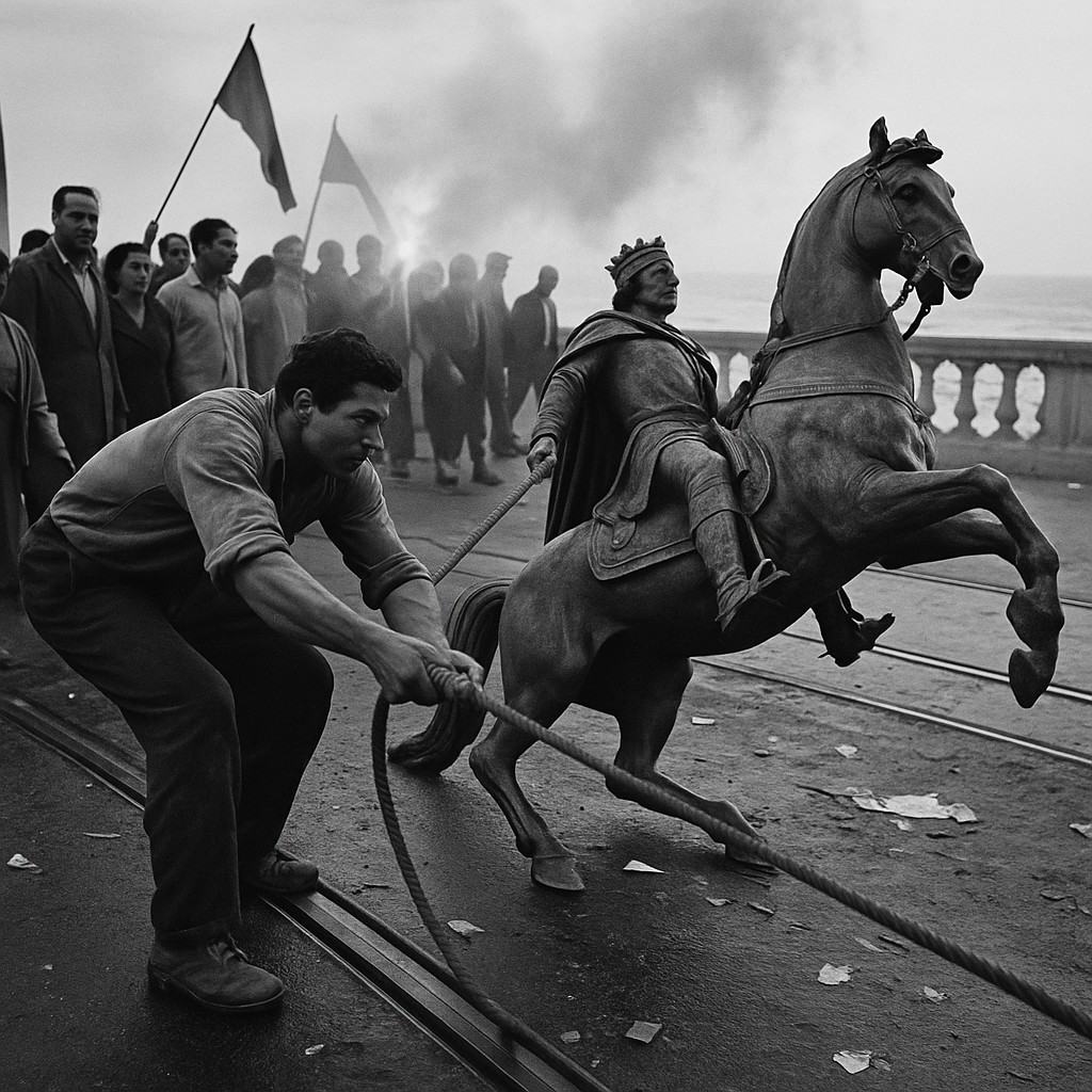 1956 silver gelatin press photograph taken on 35mm Leica M3 with a 35mm lens, Kodak Tri-X 400 pushed to 800; wide, low-waist vantage over an Alexandria seafront square with the Corniche balustrade; a toppled bronze equestrian statue of a Latin king lies on its side, dominant subject is a dockworker bracing and pulling a rope looped around the statue’s hoof; mixed crowd of men and women of varied ages with distinct faces and postures, flags waving, smoke from flares drifting across late-afternoon haze; tram rails, scattered leaf litter and torn paper on wet pavement; high contrast, visible grain, slight motion blur in arms and flags, edge vignetting; candid, asymmetrical framing; no signage or text visible.