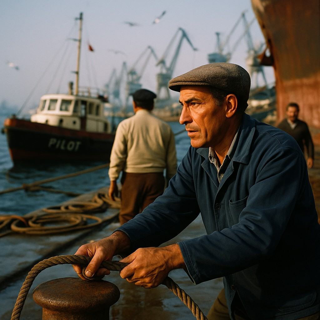 Early 1970s color photograph on Kodachrome 64 shot with a Nikon F and 50mm lens; candid three-quarter view of canal pilots and dockworkers on an Alexandrian quay; dominant subject is a pilot in a blue jacket tying a heaving line around a bollard while glancing toward a moored pilot cutter; background cranes, rust-streaked hulls, rope coils, gulls, diesel haze, wet concrete with puddles; warm color cast with saturated blues and reds, slight lens flare, moderate depth of field isolating hands and rope; asymmetrical framing; no legible text or signage.