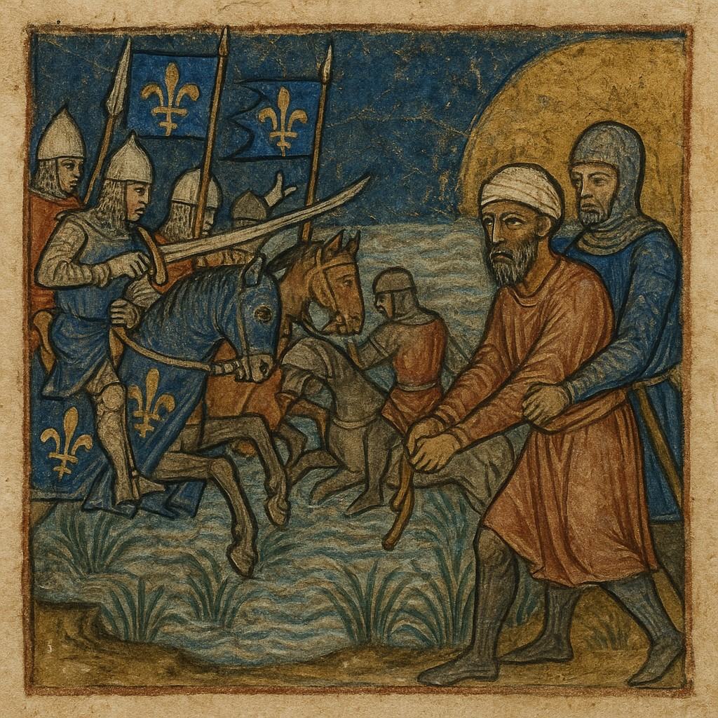 Archival reproduction photograph of a 13th-century illuminated manuscript miniature on vellum, tempera and gold leaf from a Levantine–Latin workshop; scene shows the Battle of Fariskur by the Nile: Frankish cavalry under fleur-de-lis banners engaging Ayyubid lines in shallow water and reeds, with a captured sultan being led away as the dominant action; tight crop so no surrounding script is visible; raking light reveals parchment grain, craquelure in blue azurite, and burnished gold slightly worn; irregular margins on a neutral museum mount; no modern labels or text visible.