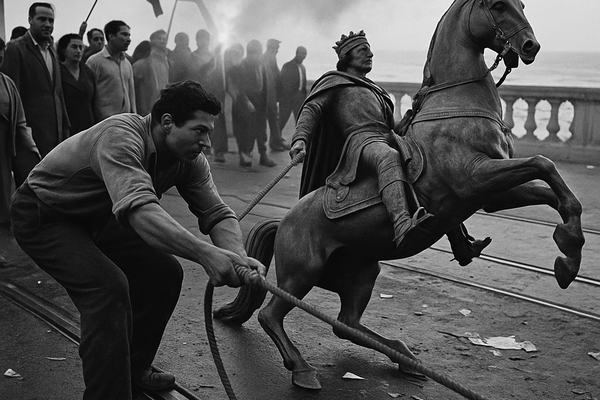 1956 silver gelatin press photograph taken on 35mm Leica M3 with a 35mm lens, Kodak Tri-X 400 pushed to 800; wide, low-waist vantage over an Alexandria seafront square with the Corniche balustrade; a toppled bronze equestrian statue of a Latin king lies on its side, dominant subject is a dockworker bracing and pulling a rope looped around the statue’s hoof; mixed crowd of men and women of varied ages with distinct faces and postures, flags waving, smoke from flares drifting across late-afternoon haze; tram rails, scattered leaf litter and torn paper on wet pavement; high contrast, visible grain, slight motion blur in arms and flags, edge vignetting; candid, asymmetrical framing; no signage or text visible.