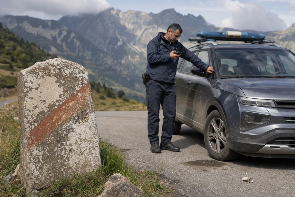 Borne de frontière au col du Perthus, avec un véhicule de douane arrêté côté français et les Pyrénées en arrière‑plan.