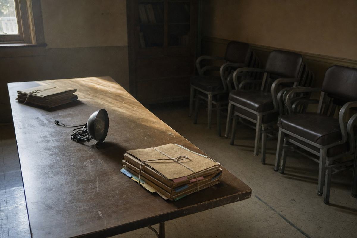 Salle de réunion désertée de la Commission mixte à Perpignan, table marquée, chaises empilées, lampes éteintes.
