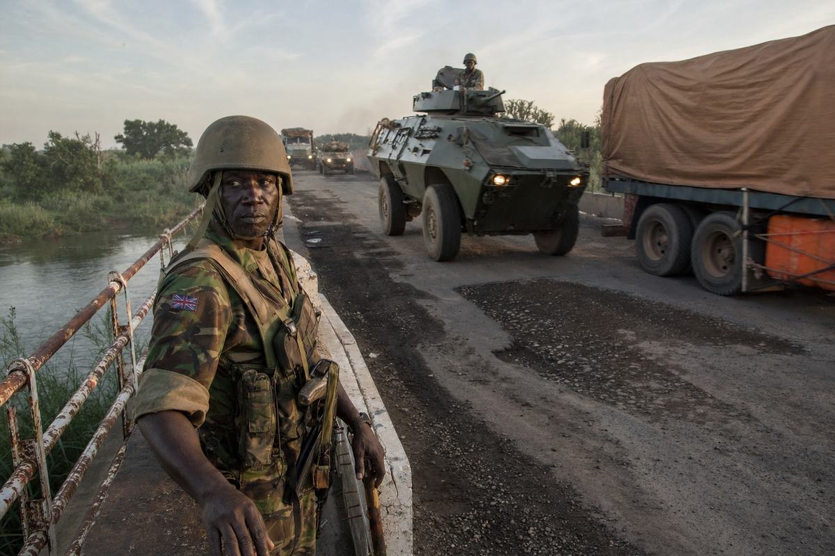 Digital press photograph (2017) shot on a Canon 5D Mark IV with a 24–70mm lens at 28mm, early-morning haze and slight motion blur on a trailing truck. Asymmetric view from shoulder height on a frontier bridge along an ECOWAS highway: an ECOMOG armored vehicle with a small union flag patch (no lettering) leads tarpaulin-covered logistics trucks; a soldier with a distinct, weathered face scans the riverbank while gripping the rail. Rusted bridge guardrails, potholes, loose sand, and an orange water container strapped to a flatbed; roadside grass and river glint behind. No legible plates, signs, or logos.