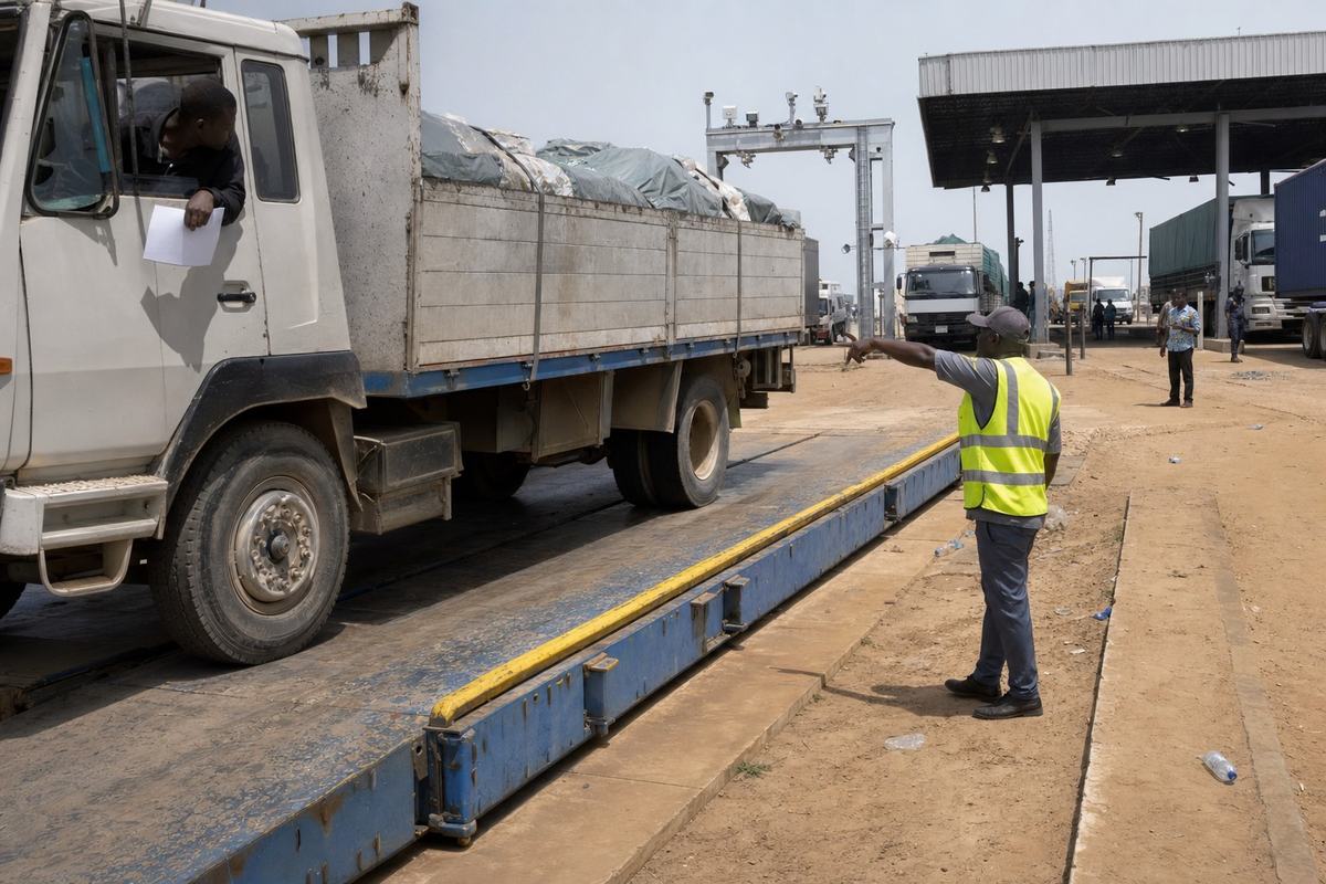 Digital press photograph (2023) with a 35mm lens, midday hard light and heat shimmer. One-stop joint border post at Sèmè–Krake: a customs officer in a reflective vest guides a loaded flatbed truck onto a portable axle scale with scuffed paint; a fixed scanner gantry rises in the background. The driver leans out with papers flipped so no text is visible; other trucks queue under a corrugated canopy. Ground shows sand, tire marks, and a few discarded water sachets. No signs, brand logos, or license plate lettering legible; off-center low-kerb vantage point emphasizing the scale platform and the guiding gesture.