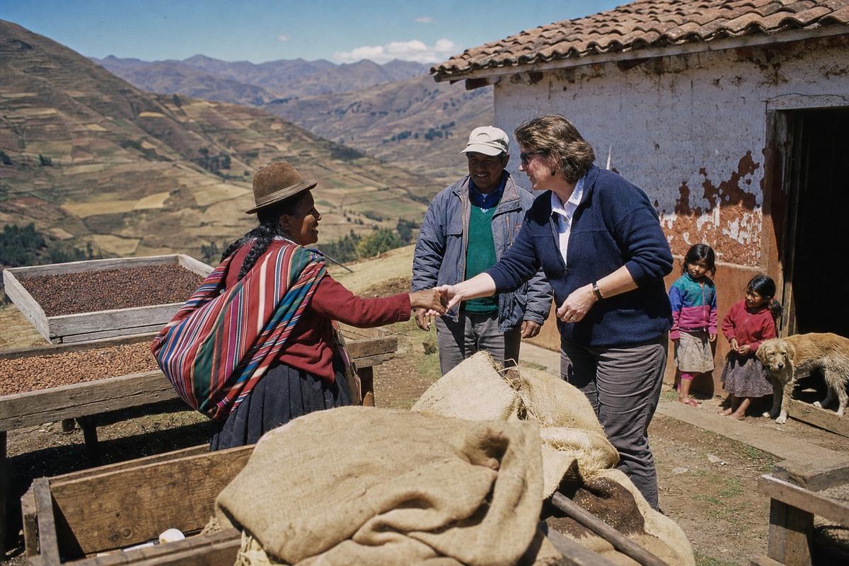 Color photograph at a rural Andean cooperative visit, mid-1990s; off-center handshake between a female cooperative leader in a woven shawl and a visiting U.S. envoy beside raised drying racks of coffee and cacao; burlap sacks and wooden crates in the foreground, an adobe building with peeling paint behind; children and a stray dog linger near a doorway; terraced hills under high-altitude midday sun; 35mm Kodachrome 64 with rich reds and deep blues, fine grain; Leica M6 with 35mm lens from slightly downhill vantage; dust motes and wind-tousled clothing; no banners, logos, or legible text.