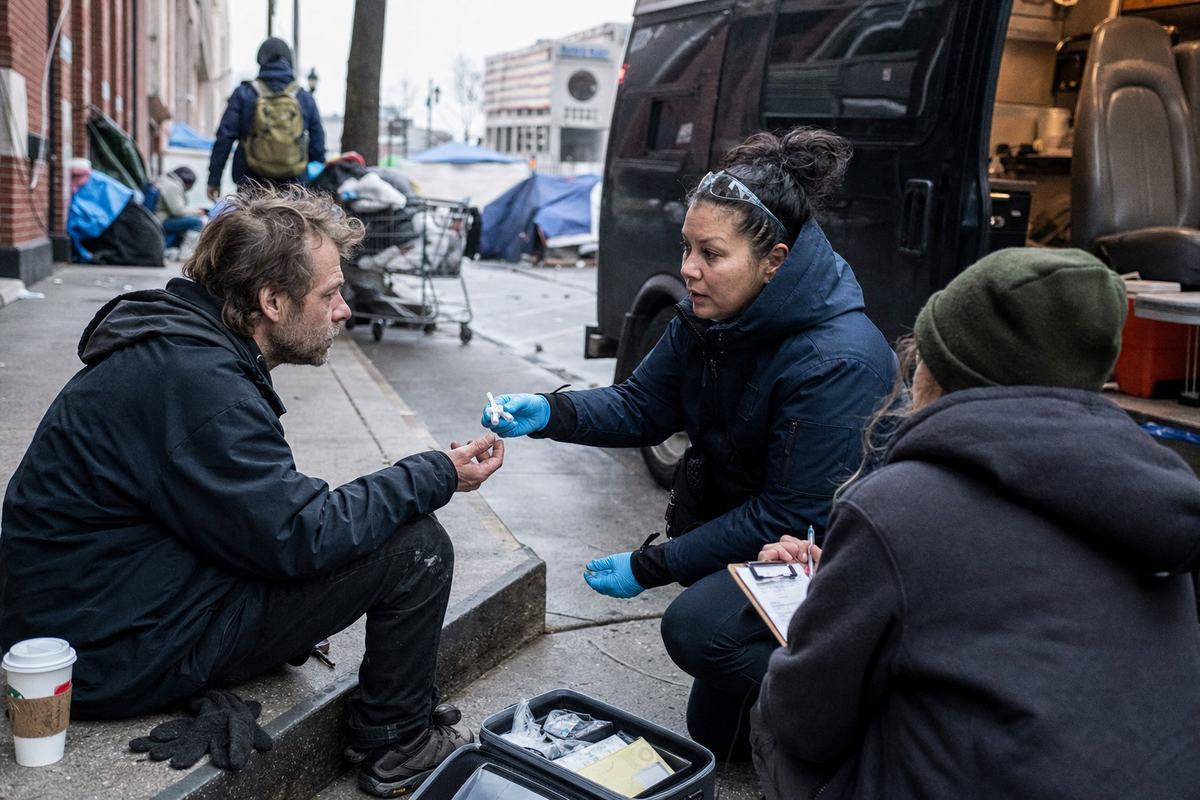 Digital press photograph on a city sidewalk in 2023; candid oblique angle of an EMT in a navy jacket handing a naloxone nasal spray to a middle‑aged man seated on the curb; a peer counselor kneels nearby with a clipboard, a soft case open with medical supplies; an unmarked outreach van with side door open in the background (no logos or readable text), tents and a shopping cart along the curb, scattered coffee cup and gloves; overcast winter light; full‑frame DSLR at ISO 3200, 35mm equivalent lens, shallow depth of field with visible high‑ISO noise; distinct faces and varied postures.