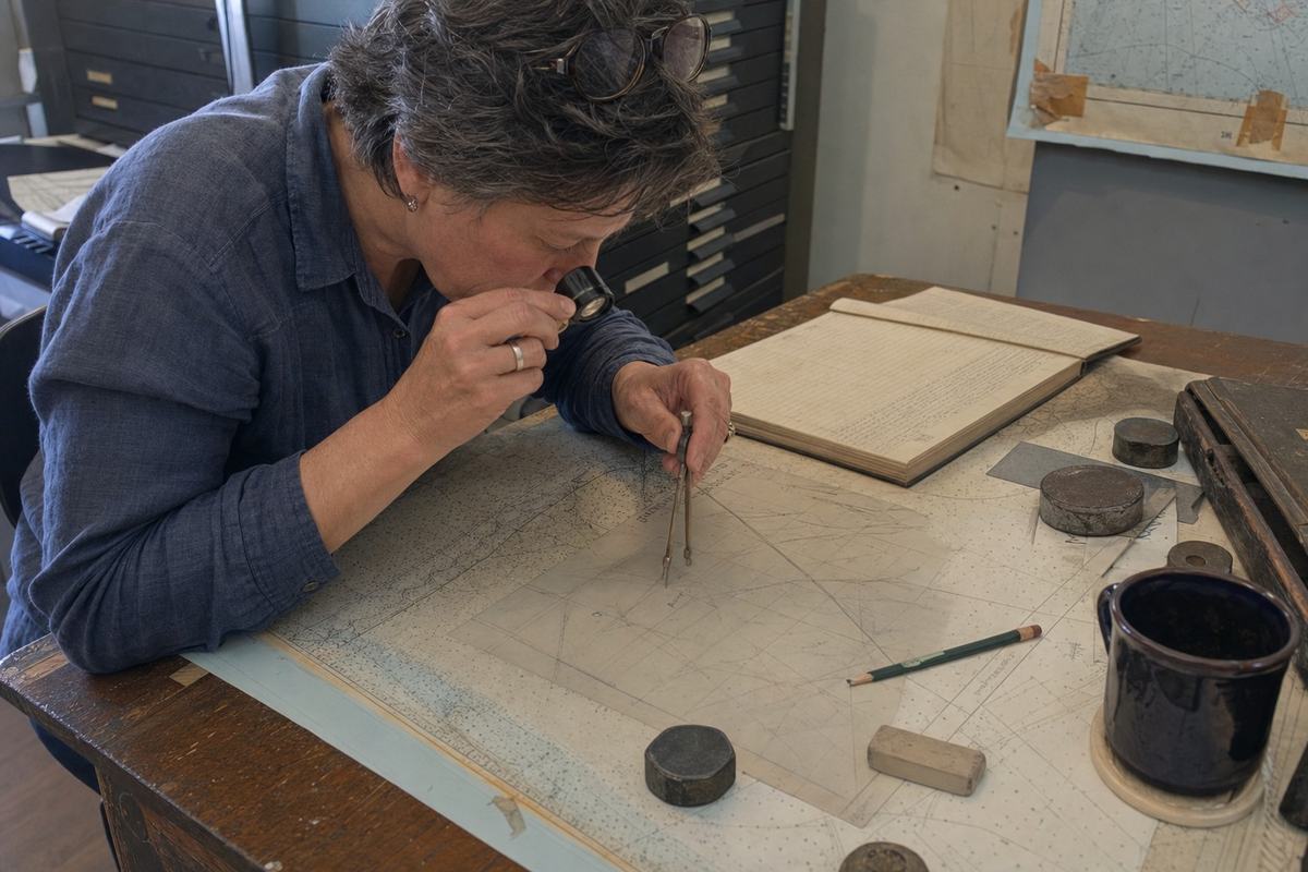 A cartographer studies a deck log against a coastal chart with acetate overlays and a magnifier at a drafting desk.