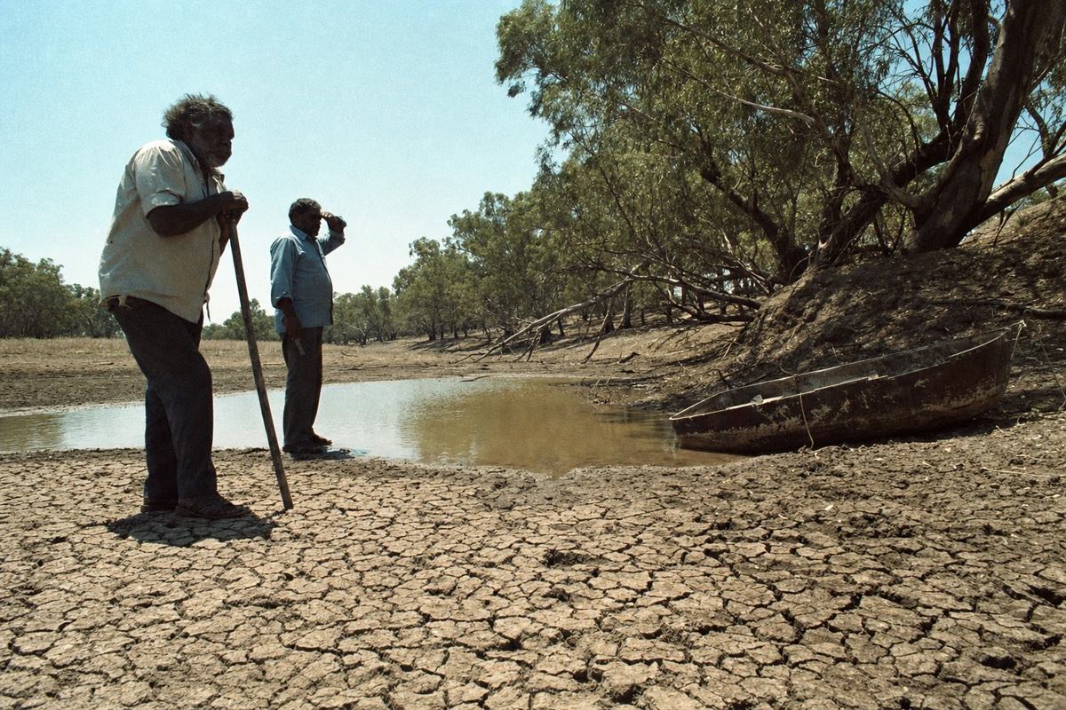 A 1992 color photograph along a dry reach of the Murray–Darling Basin during severe drought, captured on Fujicolor Superia 200 with a Canon A‑1 and 28mm lens from a low crouched angle. Asymmetric composition: cracked riverbed fans across the foreground; a shallow, tea‑colored pool sits mid‑frame. Two Aboriginal men in sun‑faded work shirts stand at the pool’s edge, one holding a weathered wooden staff marked by old waterlines, the other shielding his eyes. Gum trees lean over the bank, a rusted rowboat half buried in mud. Harsh midday glare, slight greenish cast typical of Superia, visible grain from lab scan. No signage or lettering visible.