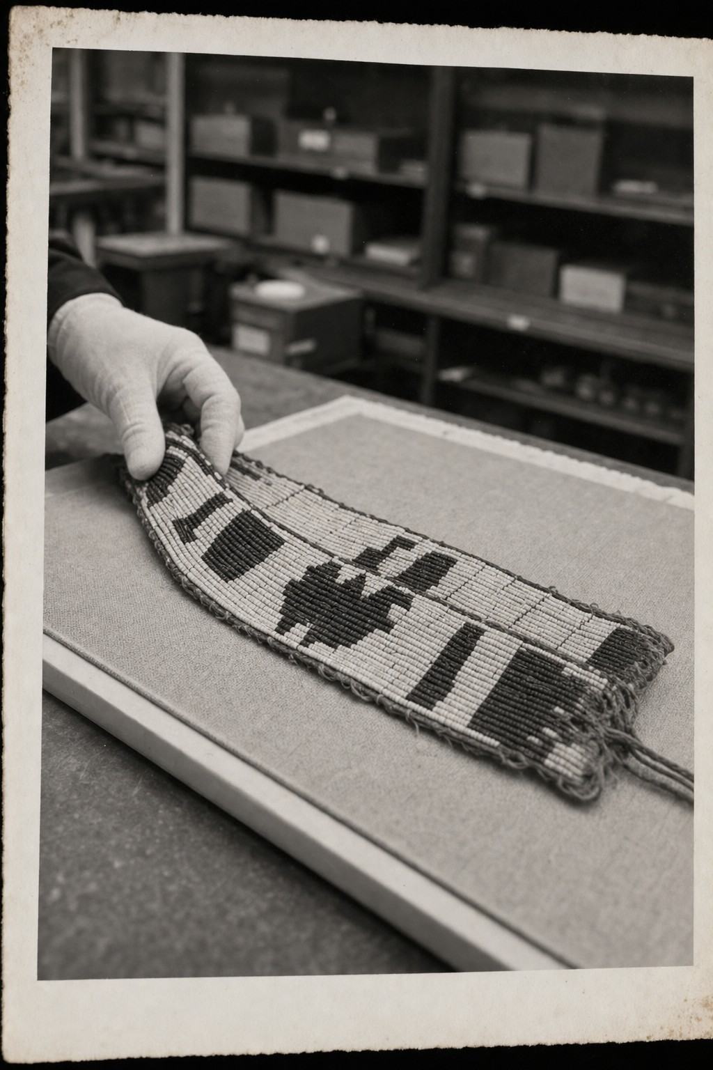 A silver gelatin object study (c. 1932) of a wampum belt associated with the Compact, photographed on a linen-covered mount at a three-quarter angle on a tabletop. Raking light reveals shell bead polish, sinew stitching, and slight fray at the belt’s edge; the mat board shows faint foxing near one corner. A conservator’s white-gloved hand enters from the left, gently adjusting the belt, providing scale; background shelves with storage boxes are softly out of focus. Printed as a contact print from an 8x10 Deardorff view camera negative on fiber paper with deckled edges, exhibiting fine detail, neutral tone, and slight paper curl at the lower edge. No labels or text visible anywhere in frame.